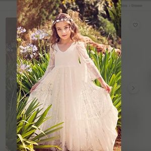 Boho Chic Flower Girl Dress- Soft Lace Ankle length- Pure White Size 8-9